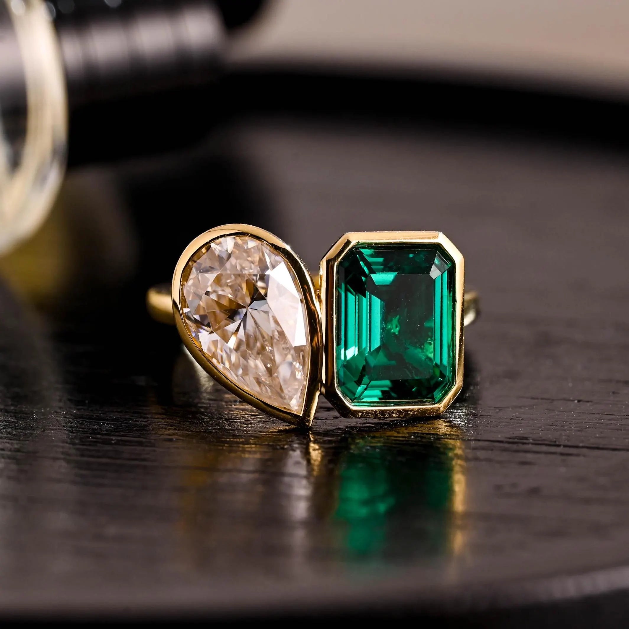 Bezel Toi et Moi Engagement Ring, Lab Grown Emerald Ring, Solid Gold Pear Cut Moissanite Wedding Ring