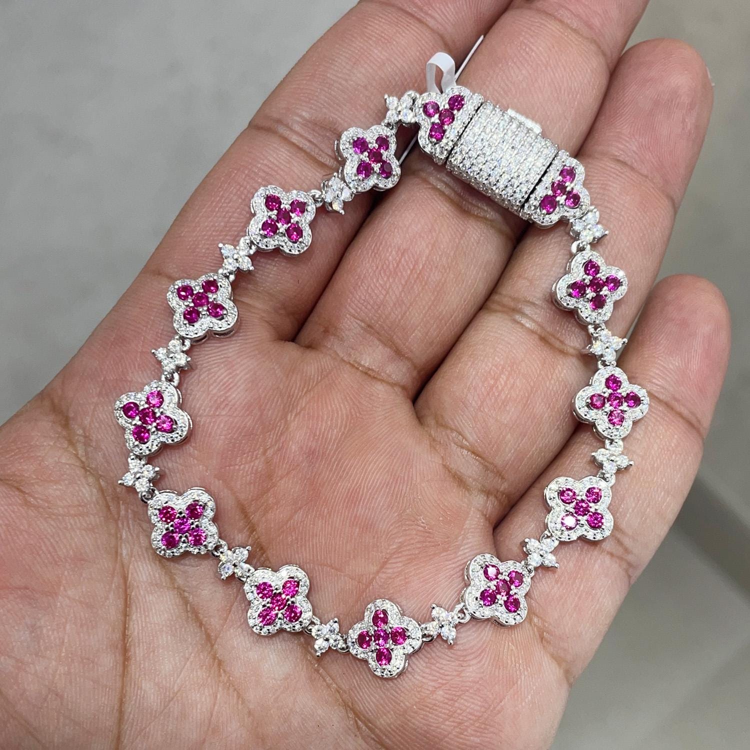 Clover Bracelet VVS Moissanite 925 Sterling Silver Passes Diamond Tester | Pink Accents
