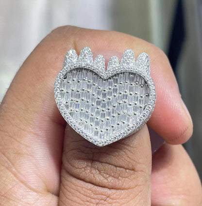 Iced Out Heart Ring , Baguette Moissanite VVS D Color 6.11 CTW 925 Sterling Silver