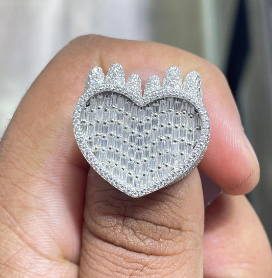 Iced Out Heart Ring , Baguette Moissanite VVS D Color 6.11 CTW 925 Sterling Silver