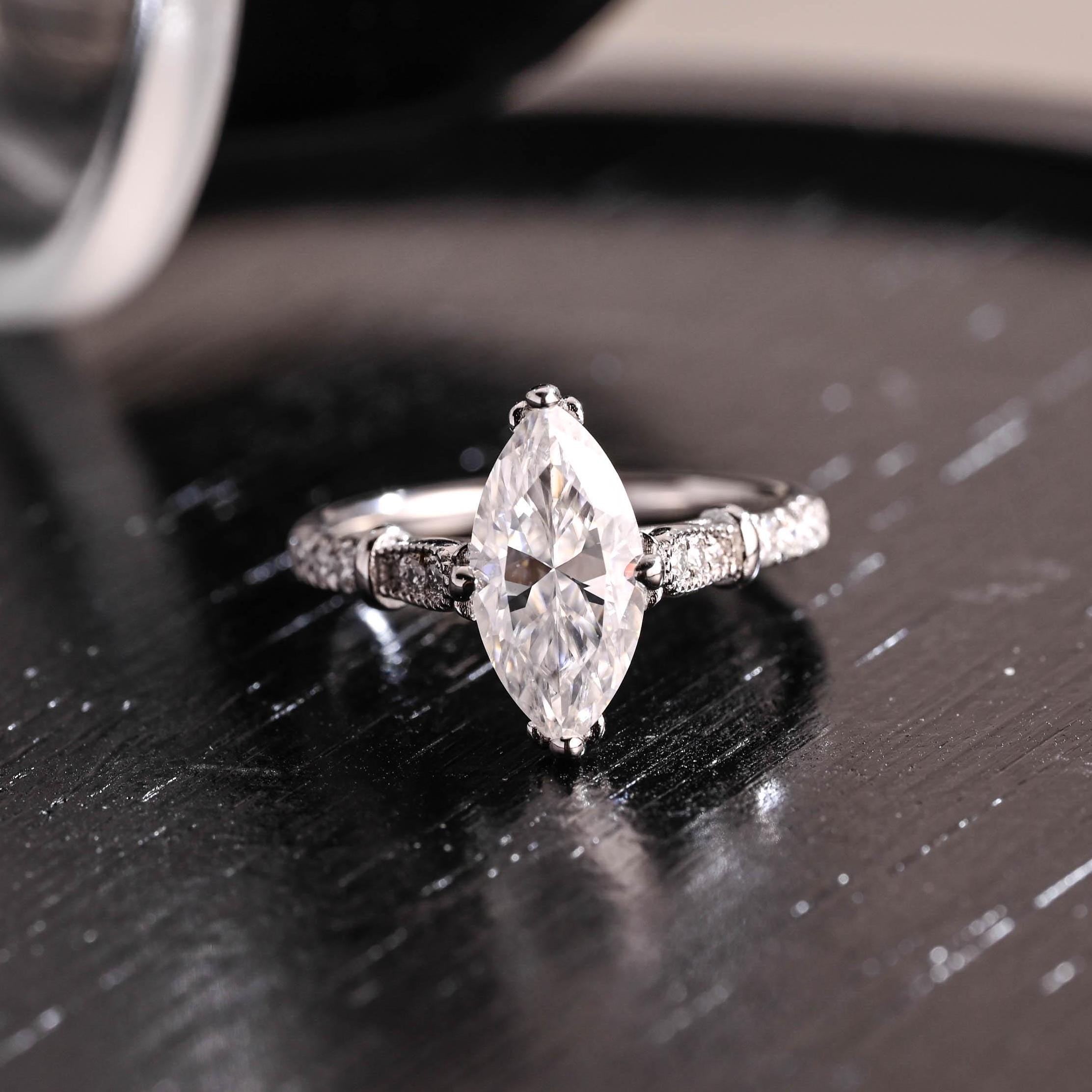 Filigree Marquise Cut Moissanite Engagement Ring, Solid Gold Milgrain Wedding Ring
