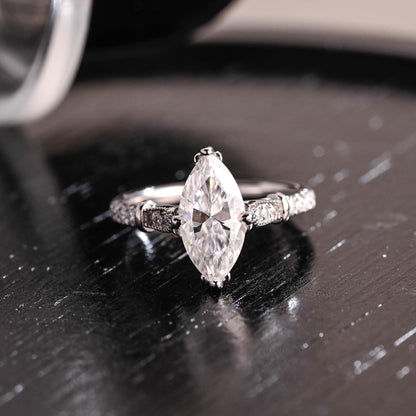 Filigree Marquise Cut Moissanite Engagement Ring, Solid Gold Milgrain Wedding Ring