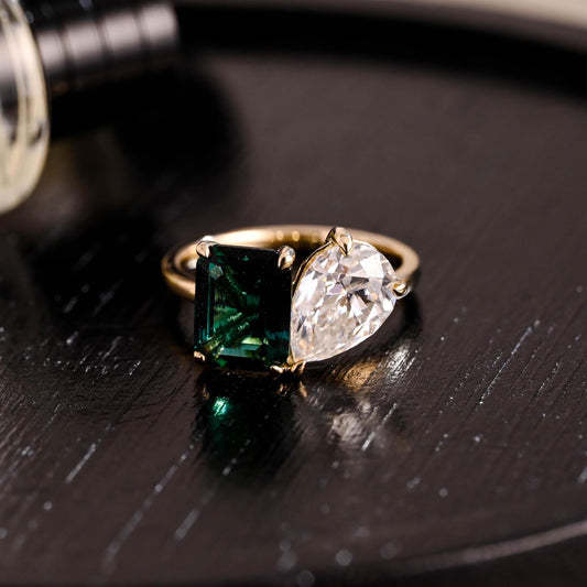 Solid Gold Toi et Moi Ring, Pear Cut & Emerald Cut Green Moissanite Engagement Ring, Two Stone Ring