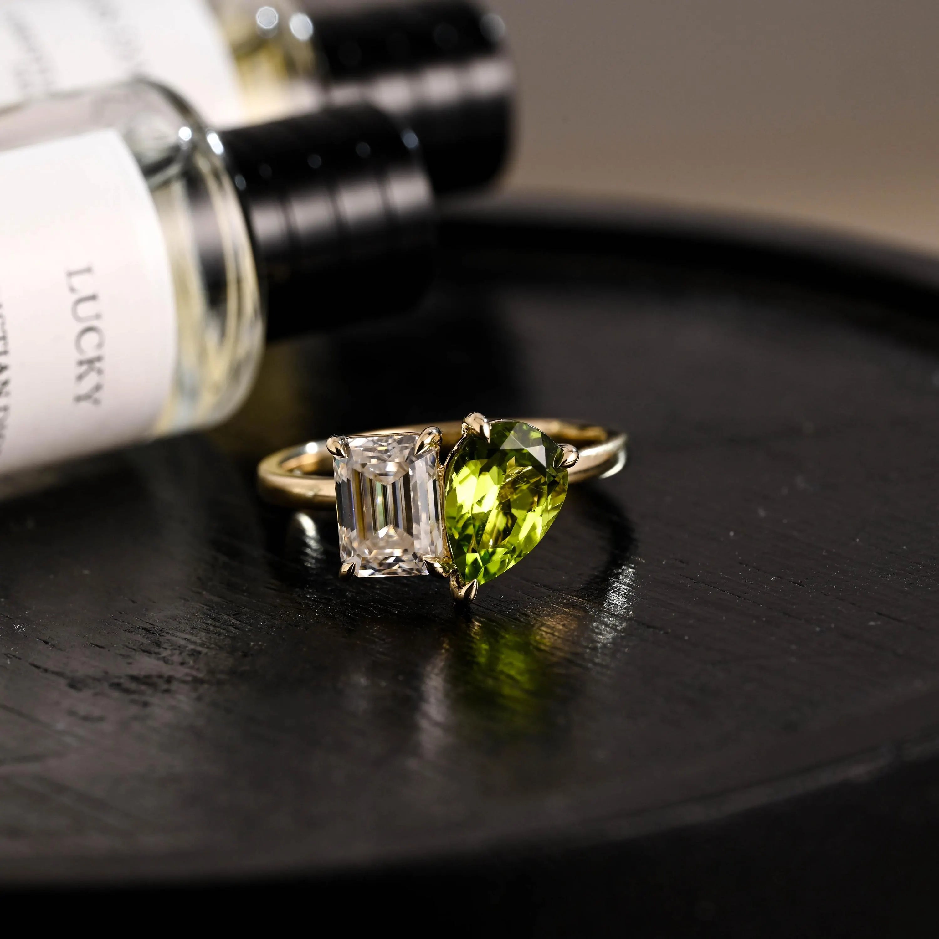 Solid Gold Toi et Moi Emerald Cut Moissanite & Pear Lab Grown Peridot Engagement Ring