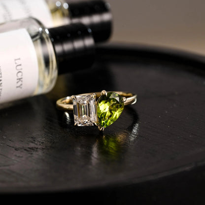 Solid Gold Toi et Moi Emerald Cut Moissanite & Pear Lab Grown Peridot Engagement Ring