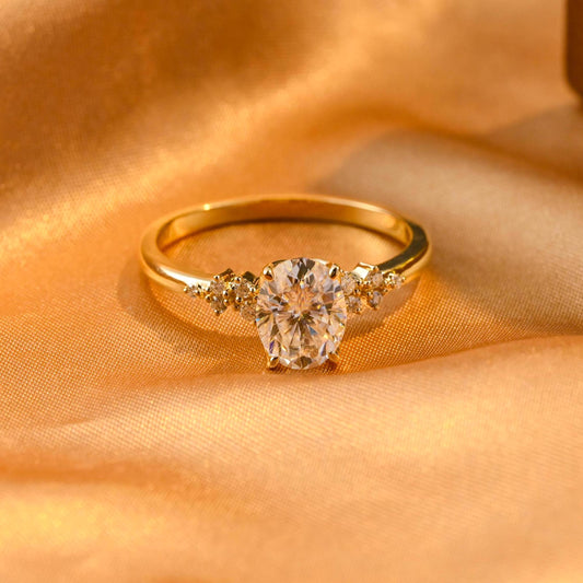 Solid Gold Tulip Setting Oval Cut Moissanite Engagement Ring, Side Cluster Wedding Ring