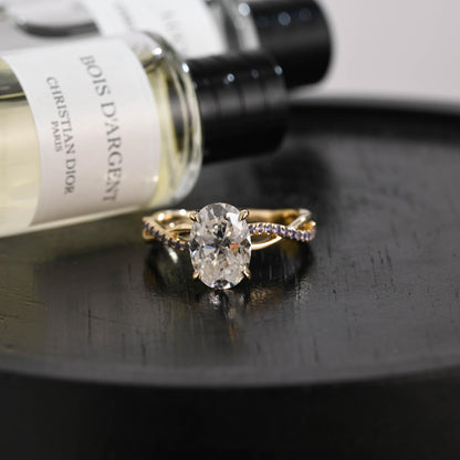 Solid Gold Oval Cut Moissanite Engagement Ring, Twisted Proposal Ring