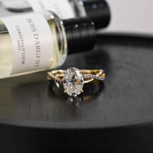 Solid Gold Oval Cut Moissanite Engagement Ring, Twisted Proposal Ring