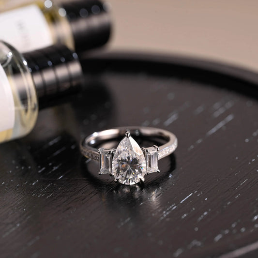 Three Stone Pear Cut Moissanite Engagement Ring, Bridge Setting Solid Gold Pave Moissanite Wedding Ring