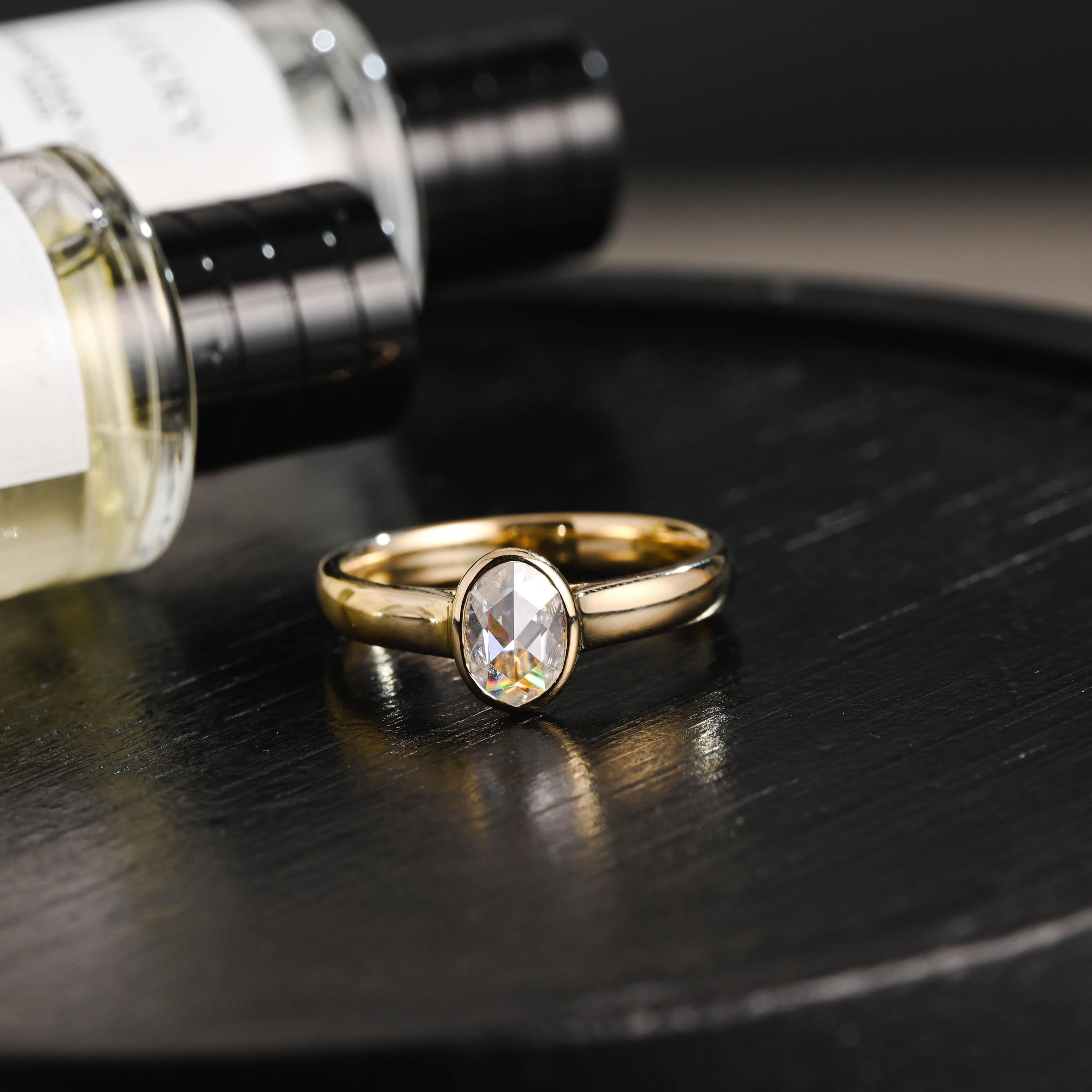 Solid Gold 3mm Rose Cut Oval Moissanite Engagement Ring, Anniversary Gift for Women