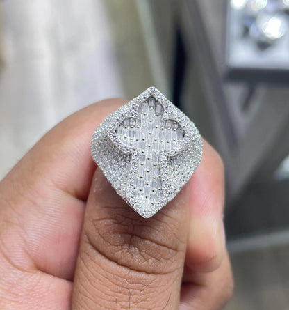 Iced Out Moissanite Cross Ring: 6.82 Carat Baguette Round VVS Moissanite Sterling Silver Ring