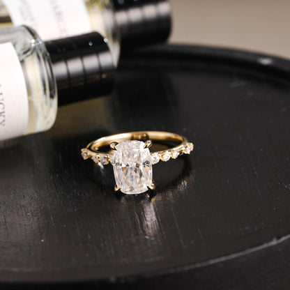 Solid Gold Elongated Cushion Cut Moissanite Engagement Ring, Proposal Ring, Round Cut Promise Ring, Anniversary Gift Birthday Gift for Women