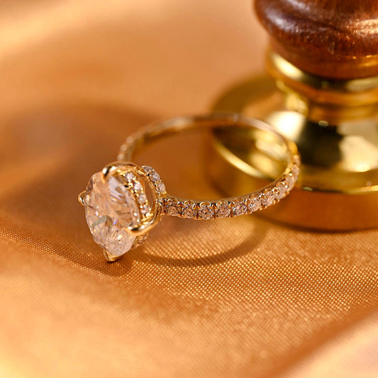 Solid Gold Double Hidden Halo Oval Cut Moissanite Engagement Ring