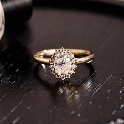 Solid Gold Starburst Oval Cut Moissanite Engagement Ring, Halo Wedding Ring