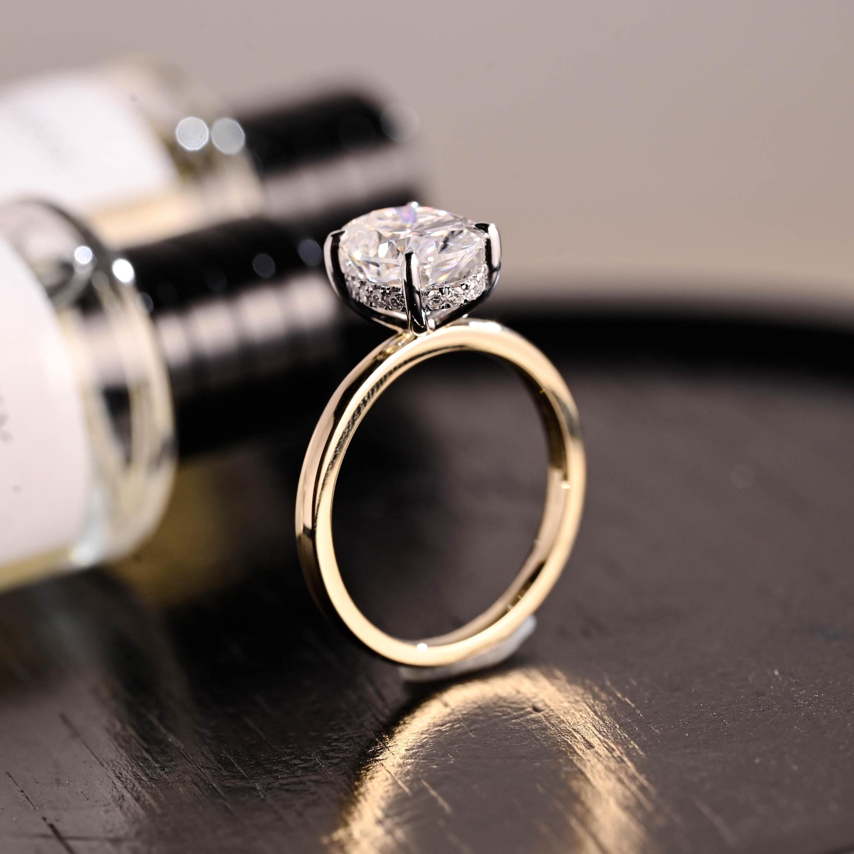 Solid Gold Two Tone Oval Cut Moissanite Engagement Ring, Hidden Halo Wedding Ring