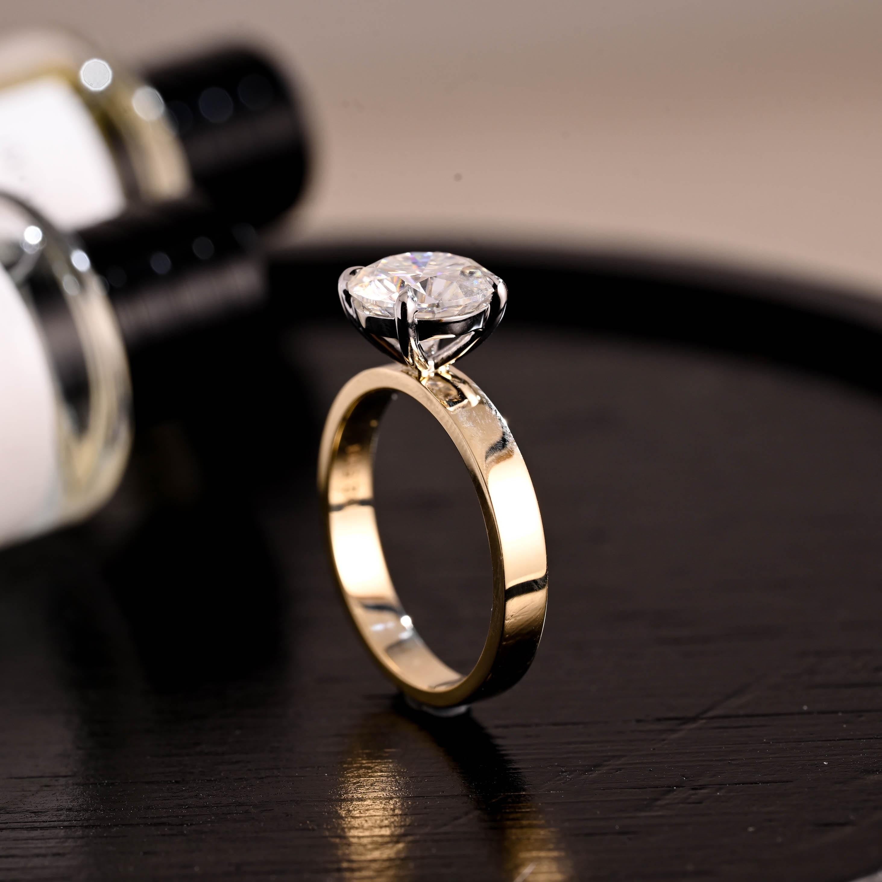 3mm Wide Two Tone Solitaire Round Cut Moissanite Engagement Ring, 4 Prongs Round Cut Wedding Ring