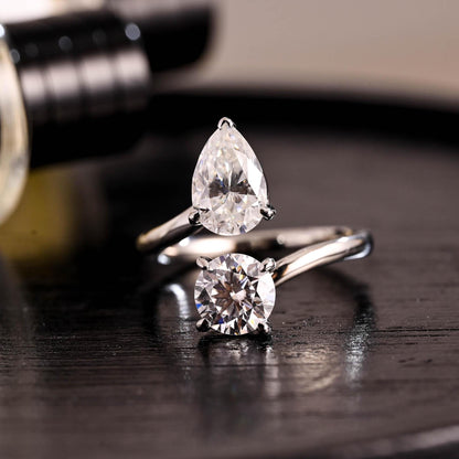 Toi et Moi Moissanite Engagement Ring, Round/Pear Cut Moissanite Solid Gold Ring, Two-Stone Wedding Ring