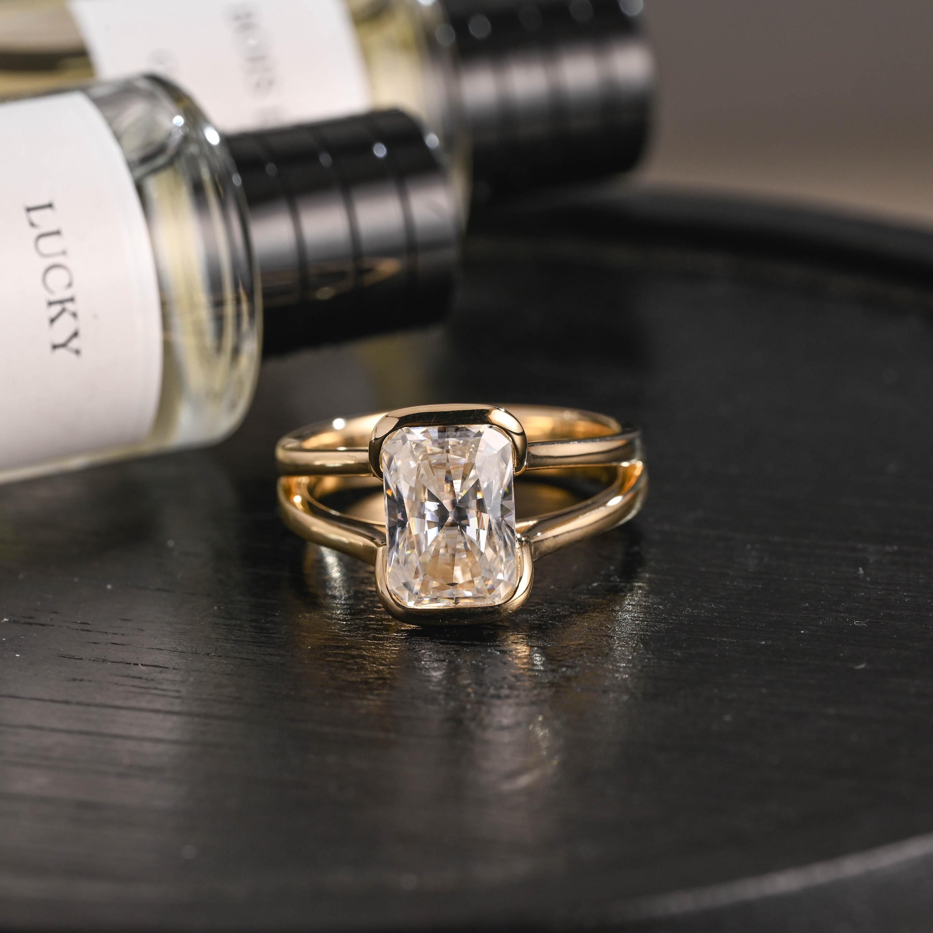 Solid Gold Radiant Moissanite Engagement Ring, Anniversary Gift for Her