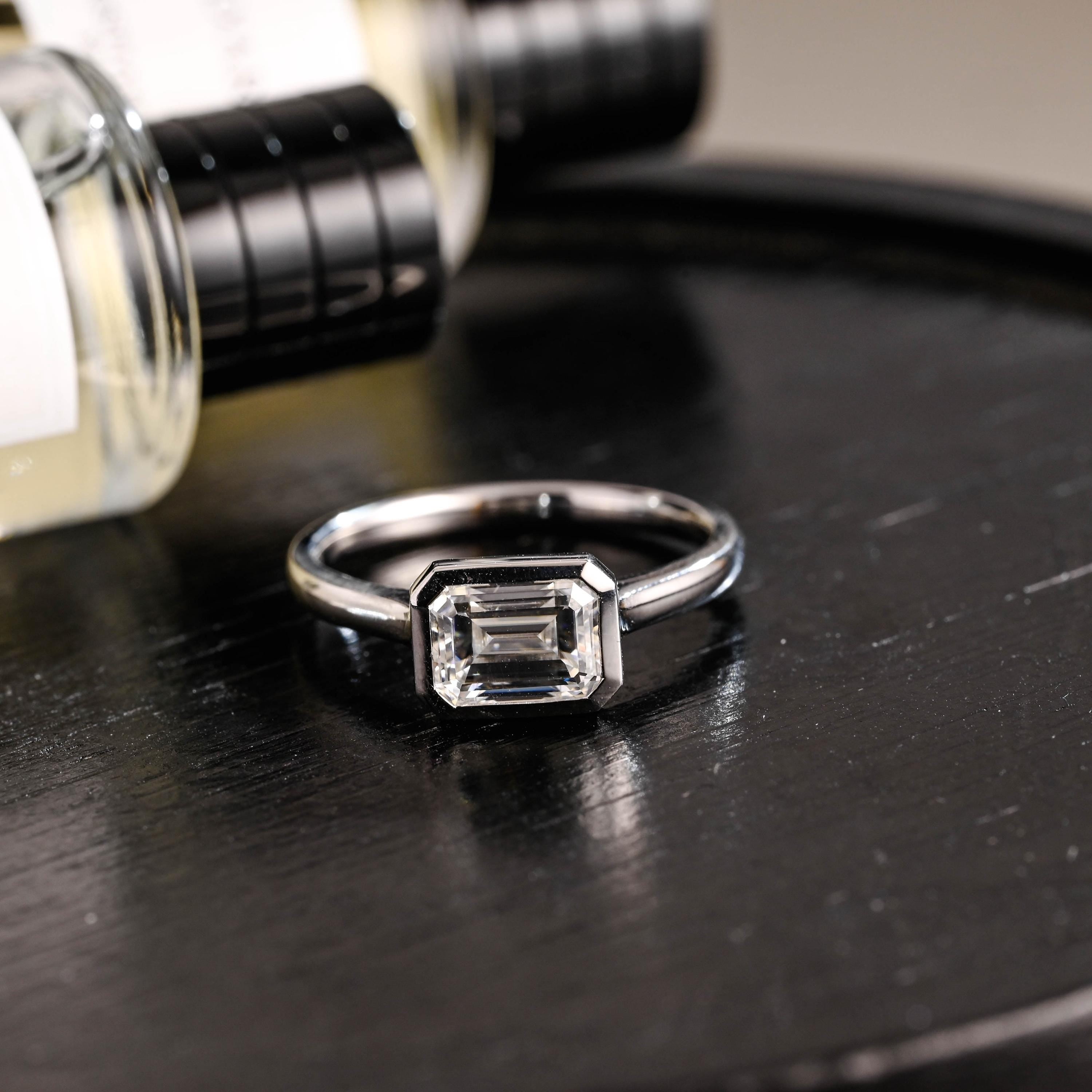 Solid Gold Emerald Cut Moissanite Engagement Ring, Bezel Proposal Ring, Promise Ring, Anniversary Gift for Birthday Gift Women