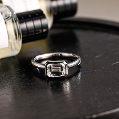 Solid Gold Emerald Cut Moissanite Engagement Ring, Bezel Proposal Ring, Promise Ring, Anniversary Gift for Birthday Gift Women