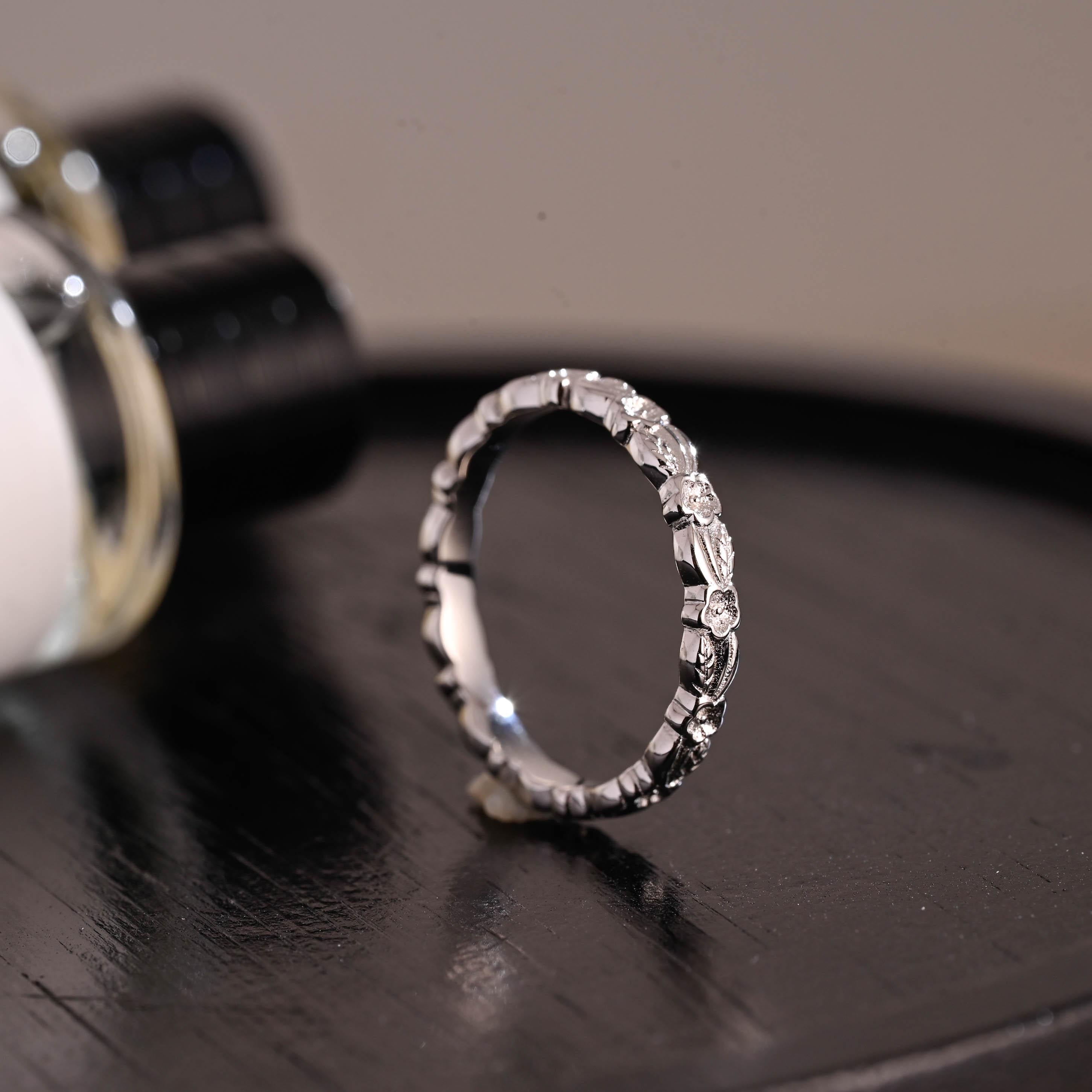 Solid Gold Floral Wedding Band, Nature Inspired Anniversary Ring