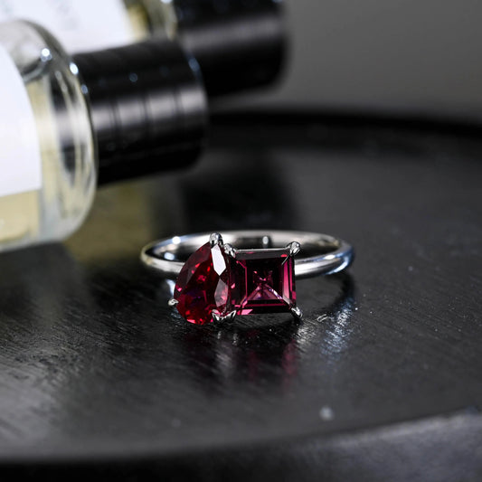 Solid Gold Toi et Moi Princess Garnet & Pear Ruby Engagement Ring, Two Stone Promise Ring