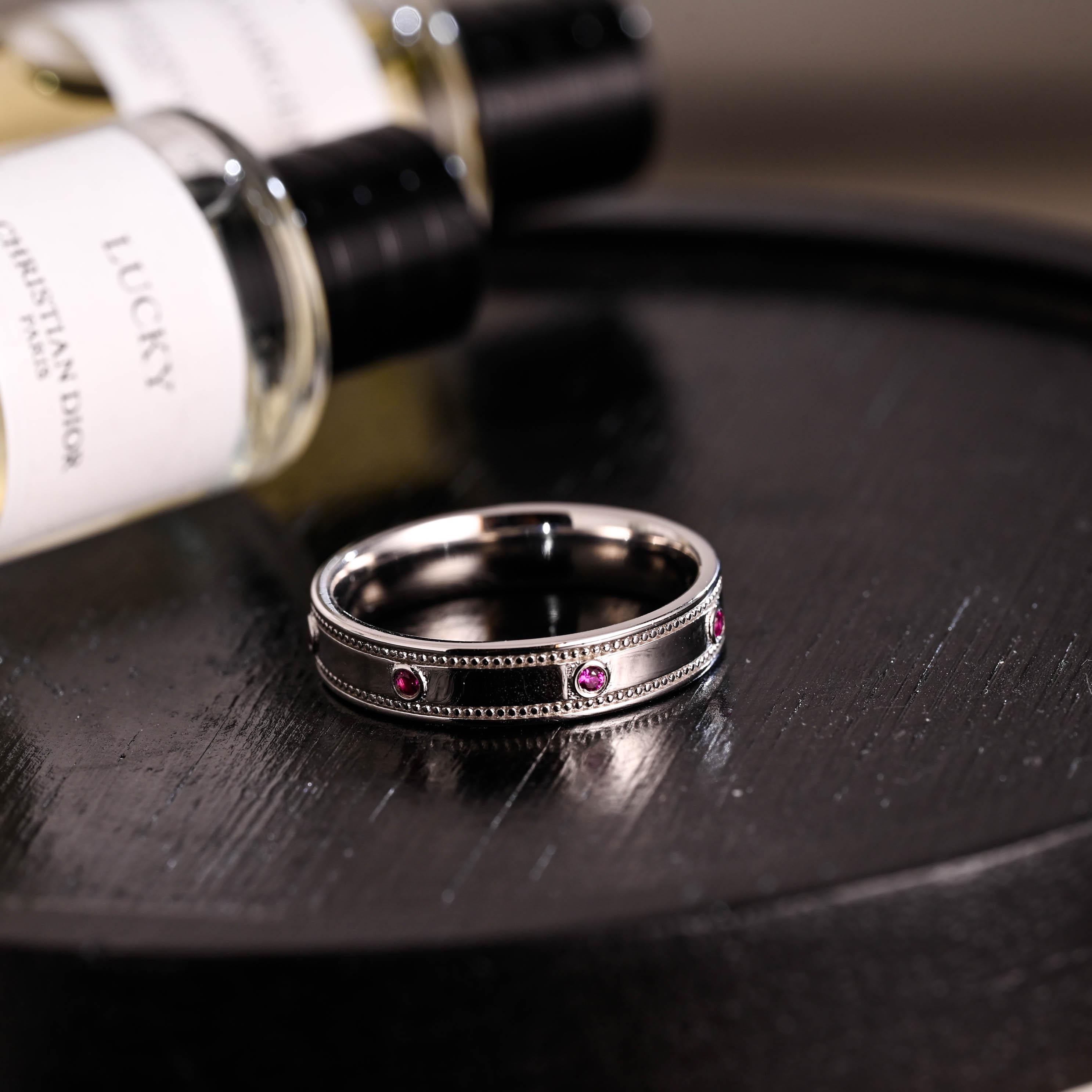 Solid Gold Pink Moissanite Wedding Band, 4mm Width Anniversary Ring