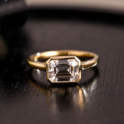 Solid Gold Emerald Cut Moissanite Engagement Ring, East to West Solitaire Ring, Gift for Her