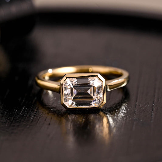 Solid Gold Emerald Cut Moissanite Engagement Ring, East to West Solitaire Ring, Gift for Her