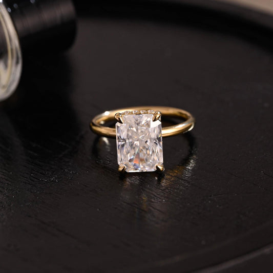Solid Gold Crushed Ice Cut Ascot Hidden Halo Radiant Cut Moissanite Engagement Ring