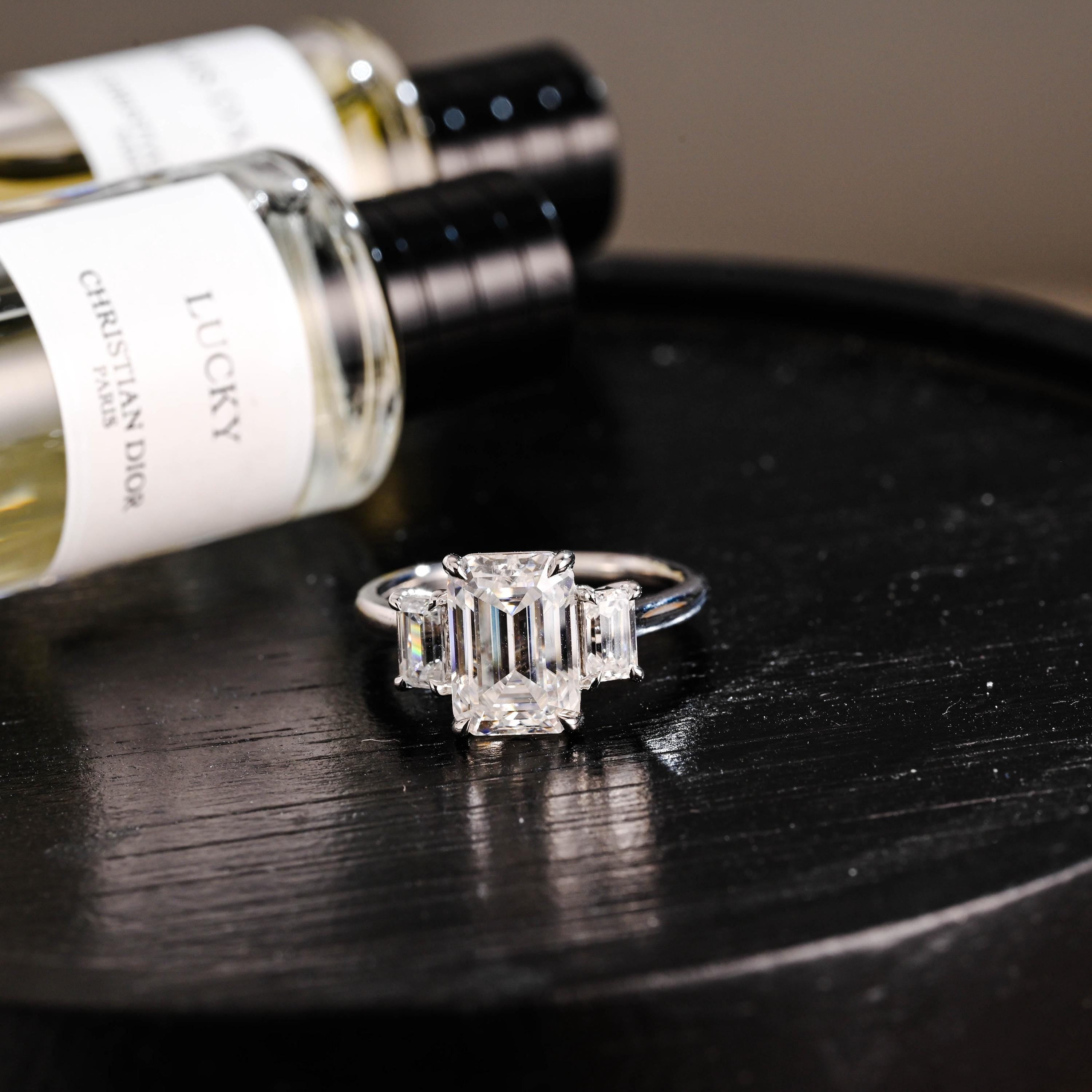 Three Stone Emerald Cut Moissanite Engagement Ring, Solid Gold Promise Ring, Gold Proposal Ring, Anniversary Gift Birthday Gift for Women