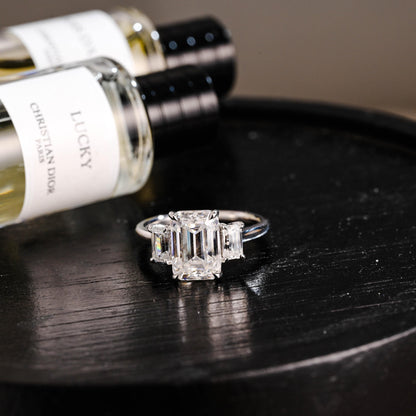 Three Stone Emerald Cut Moissanite Engagement Ring, Solid Gold Promise Ring, Gold Proposal Ring, Anniversary Gift Birthday Gift for Women