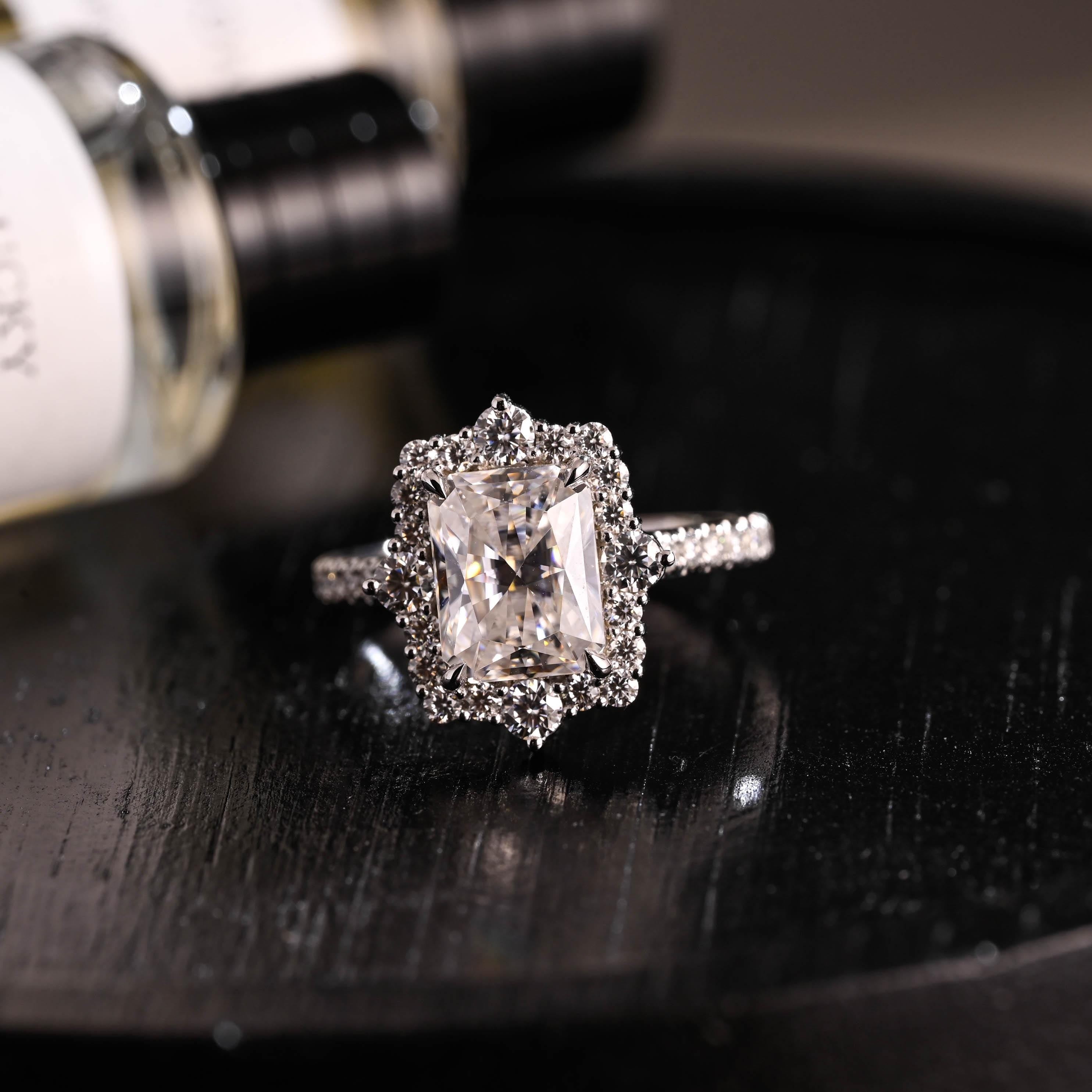 Solid Gold Radiant Cut Moissanite Engagement Ring, Halo Pave Cathedral Setting Vintage Style Ring
