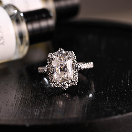 Solid Gold Radiant Cut Moissanite Engagement Ring, Halo Pave Cathedral Setting Vintage Style Ring