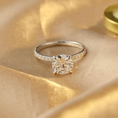Half Pave Solid Gold Round Cut Moissanite Engagement Ring, Hidden Halo Round Cut Wedding Ring
