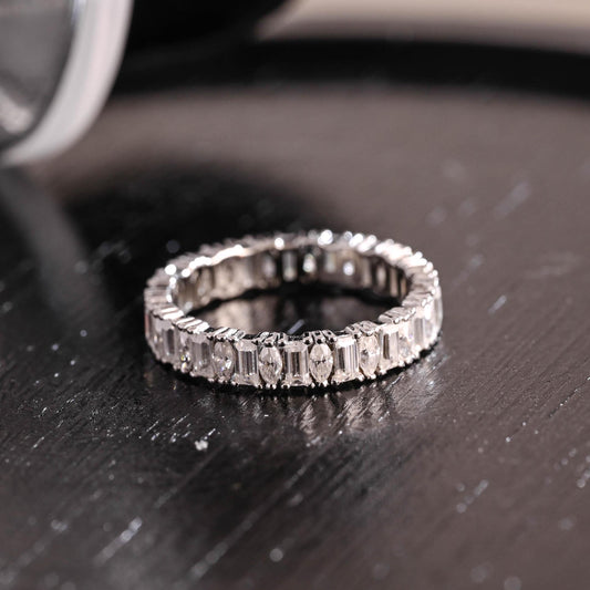 Solid Gold Baguette Marquise Moissanite Eternity Wedding Band