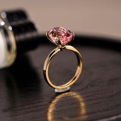 Solid Gold Tulip Setting Oval Cut Lab Grown Pink Sapphire Engagement Ring