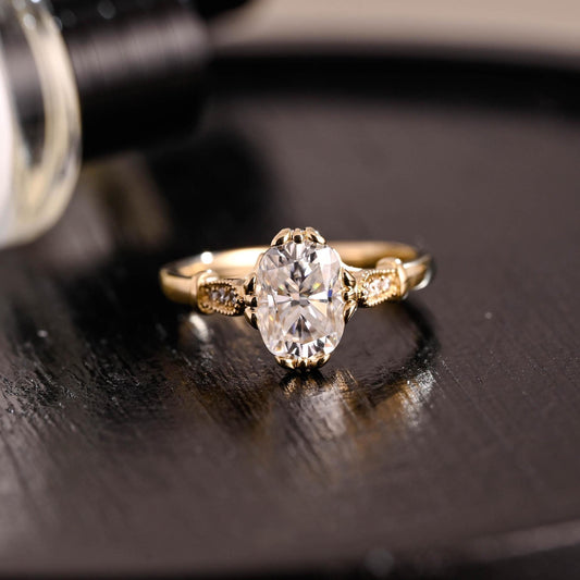 Solid Gold Filigree Elongated Beaded Milgrain Cushion Cut Moissanite Engagement Ring, Anniversary Ring