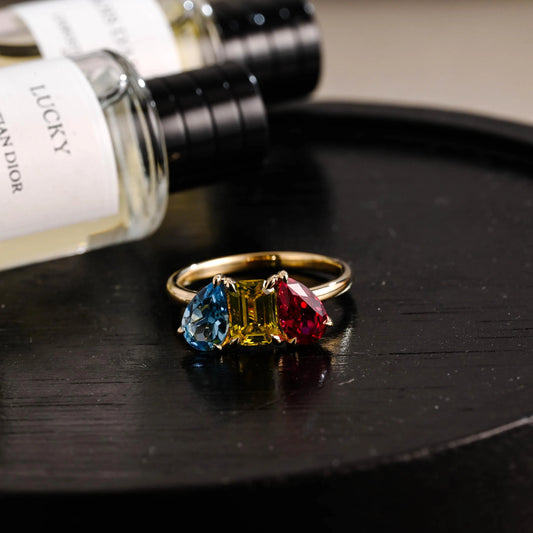 Solid Gold Pear Ruby & Emerald Cut Yellow Lab Grown Sapphire and Pear Blue Topaz Engagement Ring