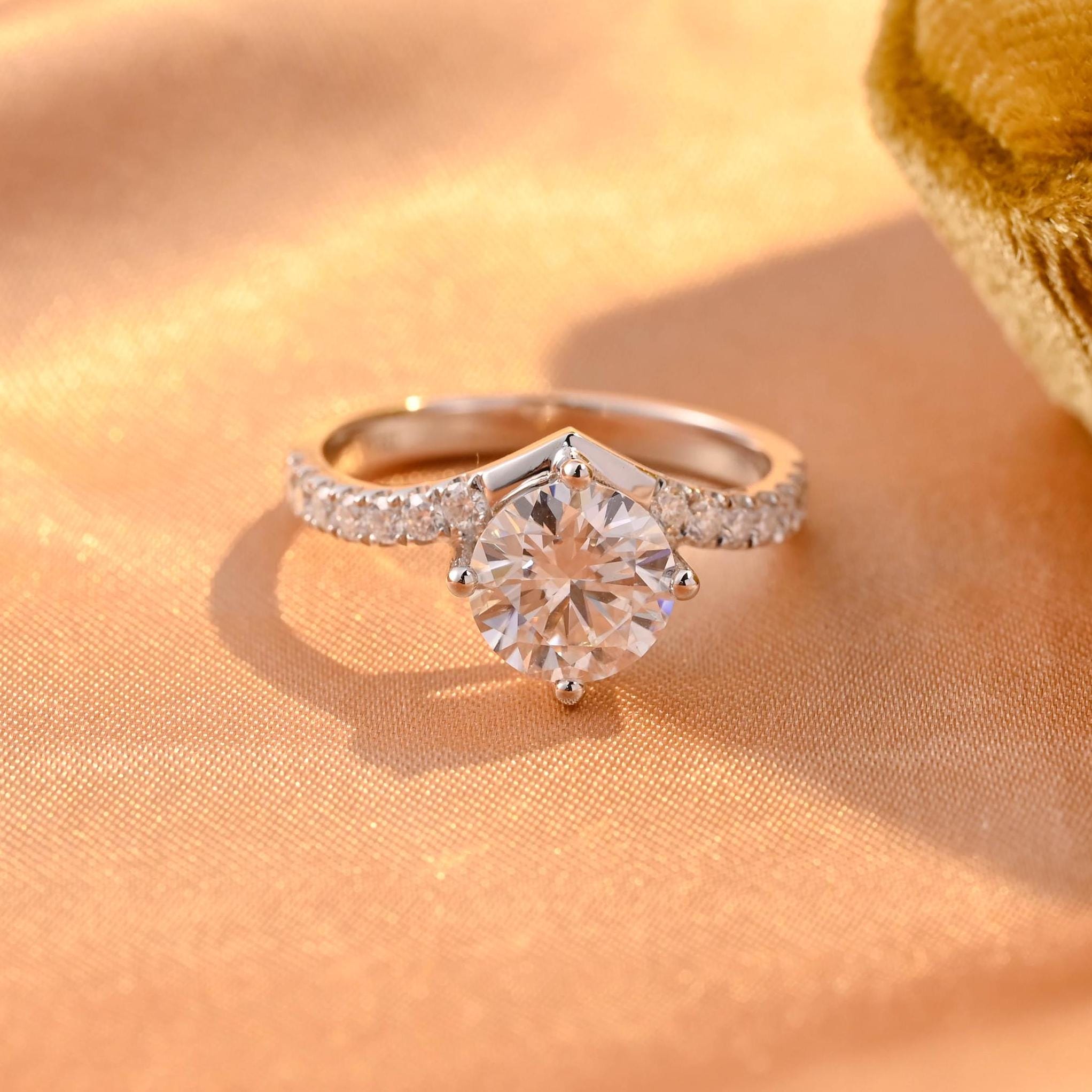 Pave Round Cut Moissanite Engagement Ring, Solid Gold Curved Moissanite Wedding Ring
