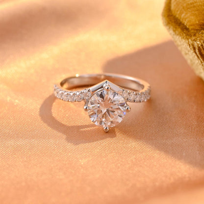 Pave Round Cut Moissanite Engagement Ring, Solid Gold Curved Moissanite Wedding Ring