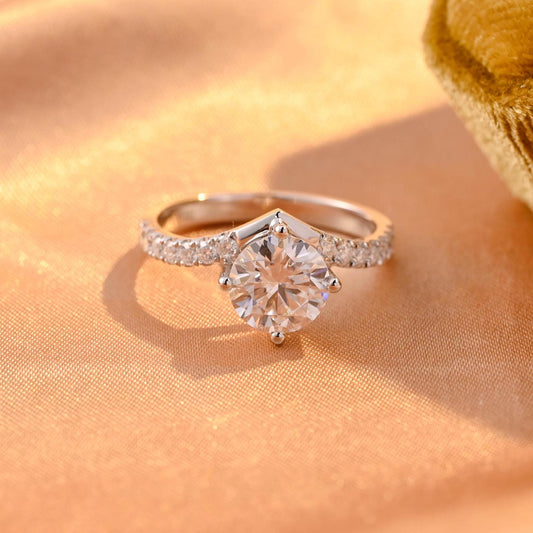 Pave Round Cut Moissanite Engagement Ring, Solid Gold Curved Moissanite Wedding Ring