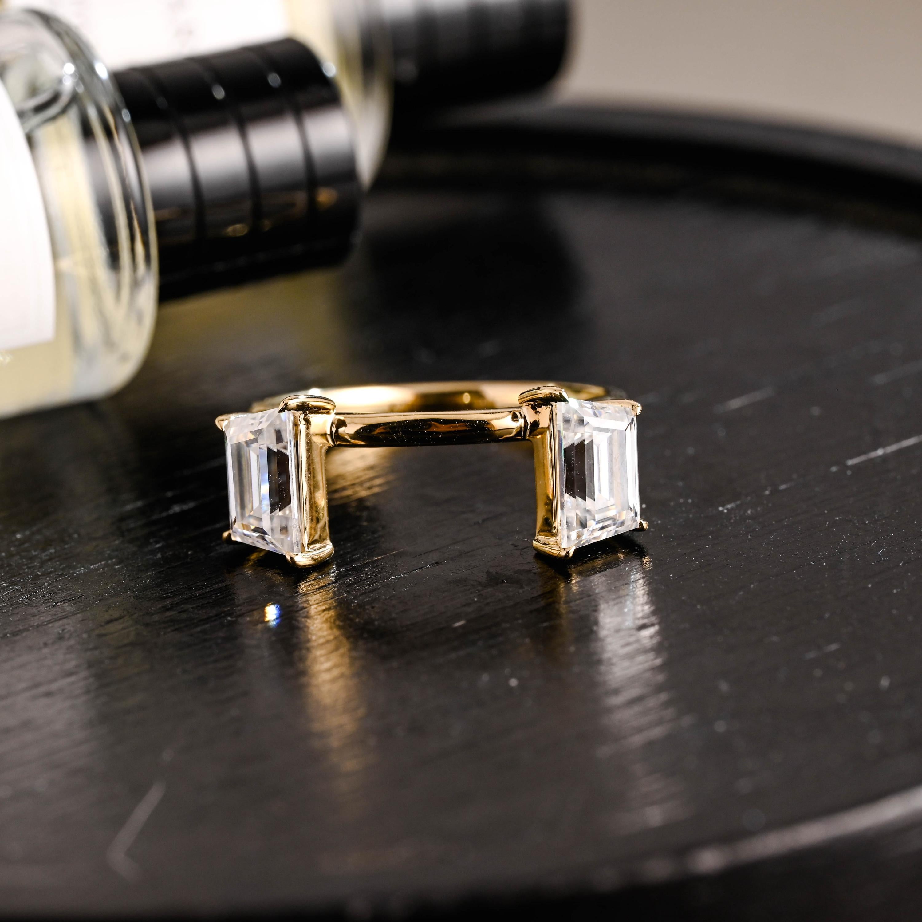 Solid Gold Trapezoid Moissanite Wedding Band, Matching Ring