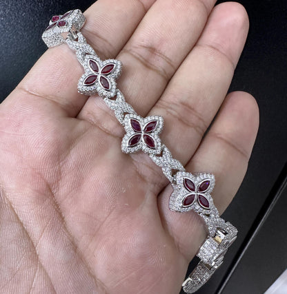Iced Out Clover Bracelet: 925 Sterling Silver, Moissanite & Red Sapphire