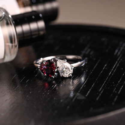 Toi et Moi Garnet Ring Pear Moissanite Engagement Ring, Solid Gold Heart Shaped Garnet Ring