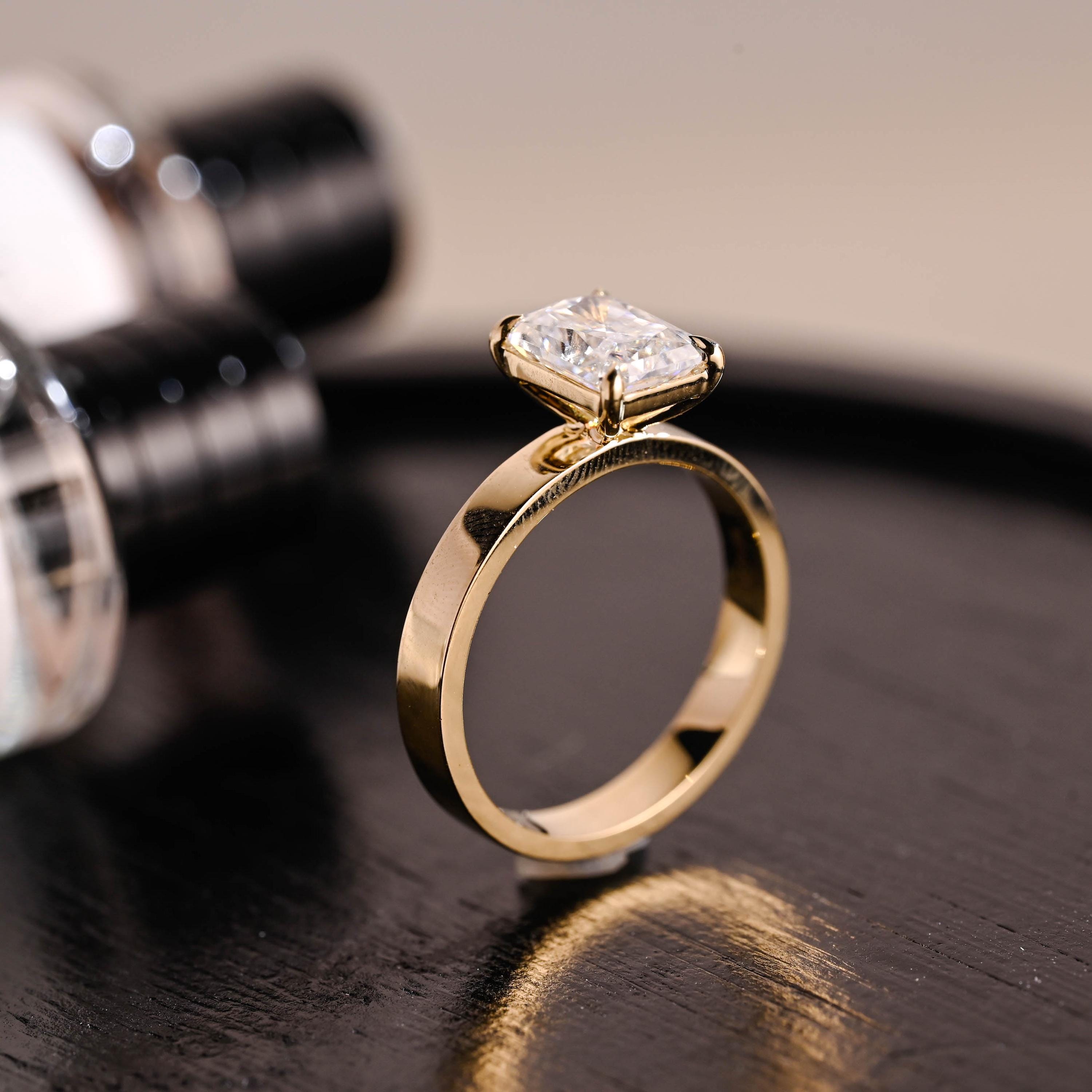 Solid Gold Radiant Cut Solitaire Moissanite Ring, Rectangular Engagement Ring, Gift for Her