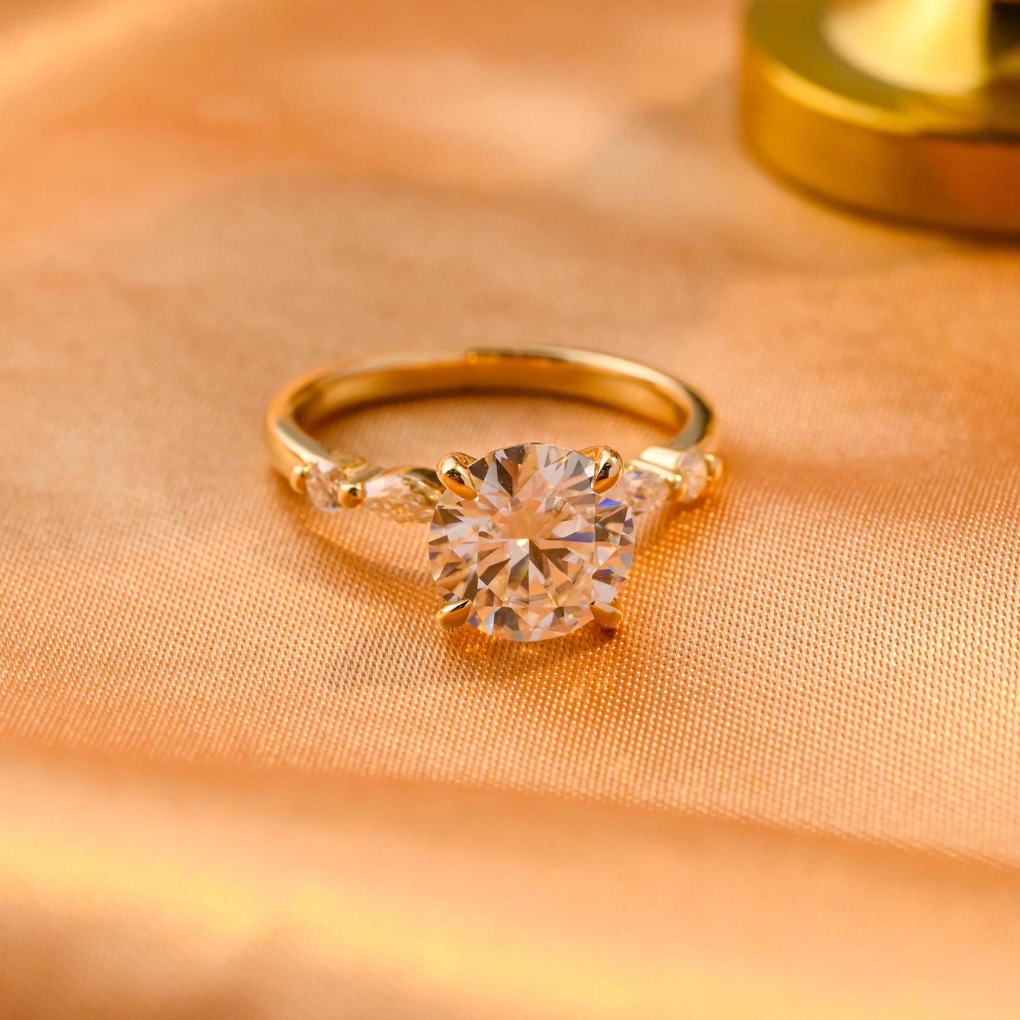Marquise Accents Round Cut Moissanite Engagement Ring, Solid Gold 4 Prongs Anniversary Ring Gifts for Women Wife