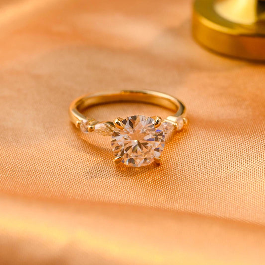 Marquise Accents Round Cut Moissanite Engagement Ring, Solid Gold 4 Prongs Anniversary Ring Gifts for Women Wife
