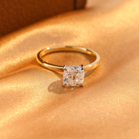 Two Tone Solid Gold Cushion Cut Moissanite Engagement Ring, Hidden Halo 4 Prongs Anniversary Ring