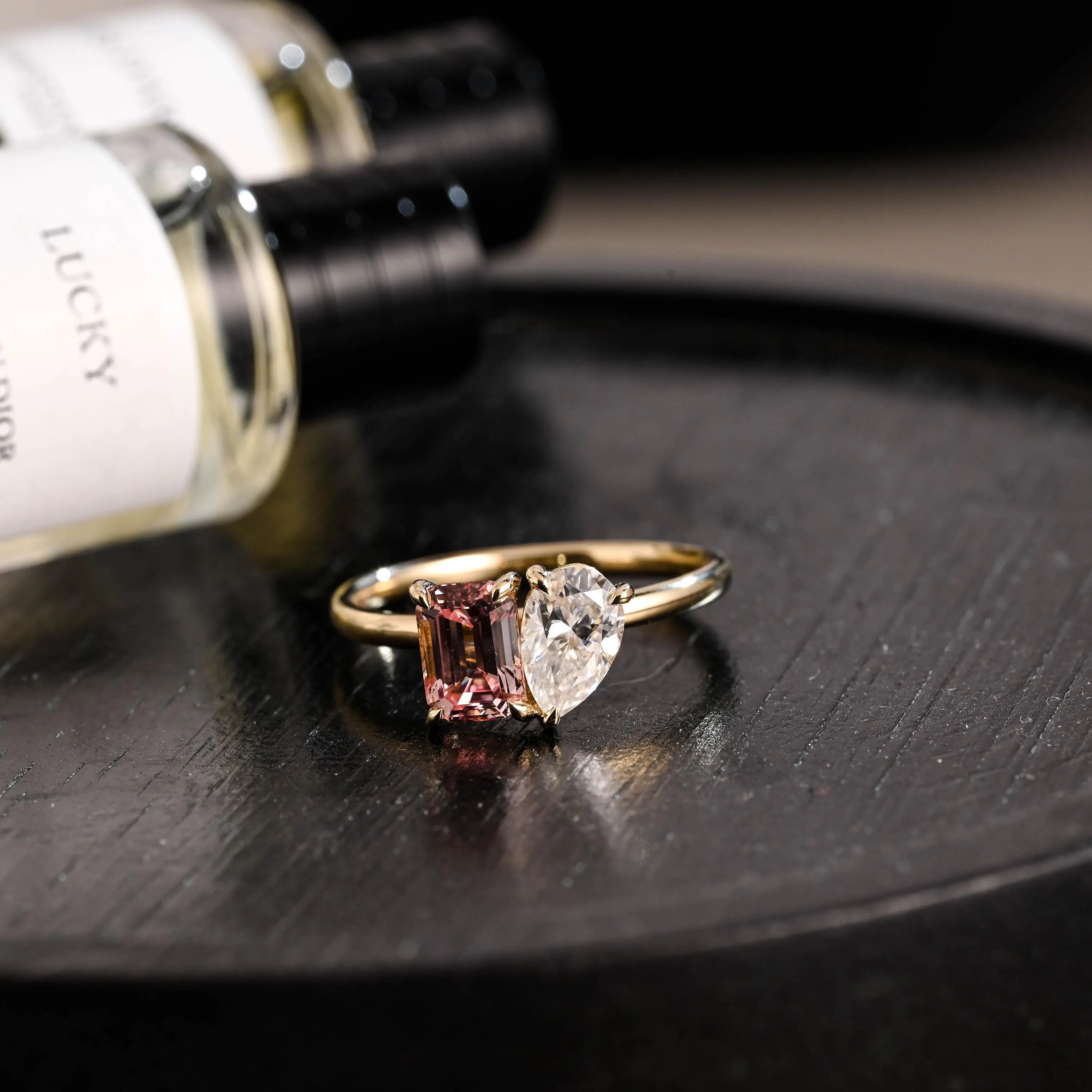 Solid Gold Toi et Moi Emerald Cut Pink Sapphire & Pear Cut Moissanite Engagement Ring